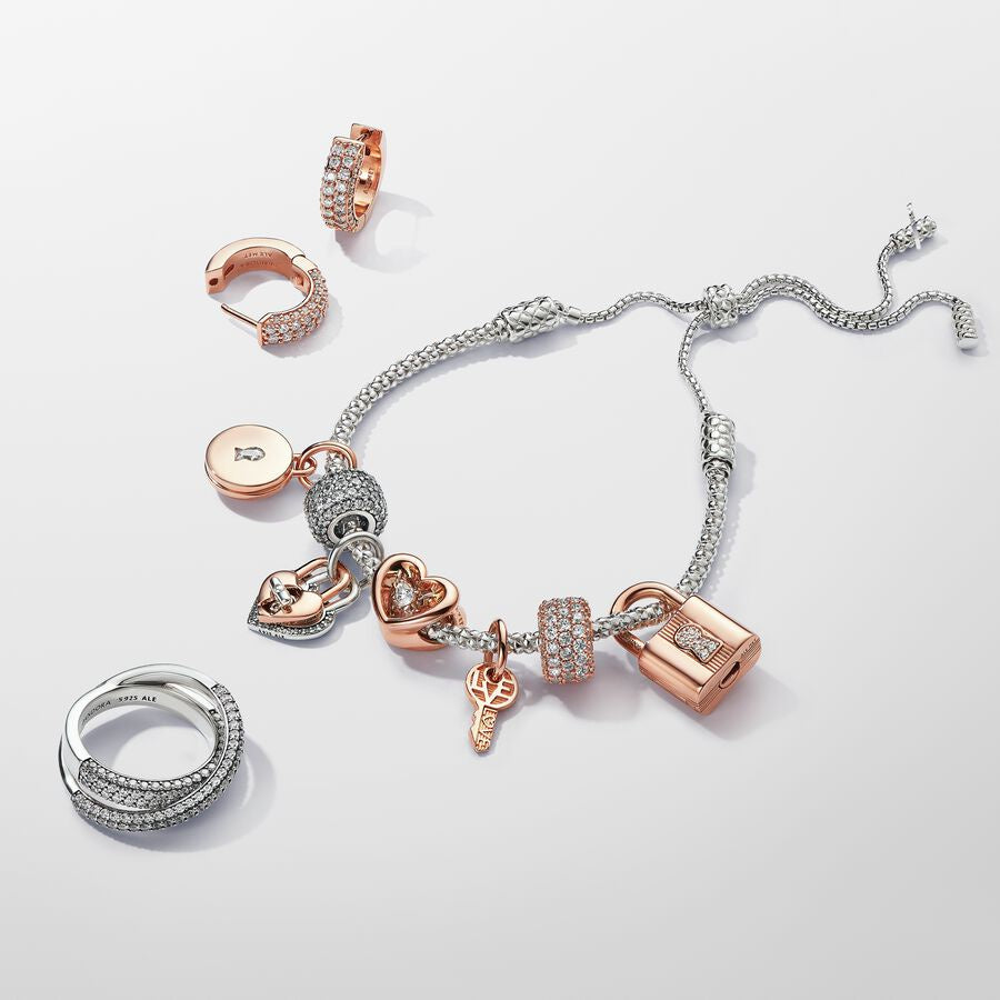 【Moments】Pan Two-tone Twistable Heart Padlock Double Dangle Charm 925 silver Rose gold 783079C01