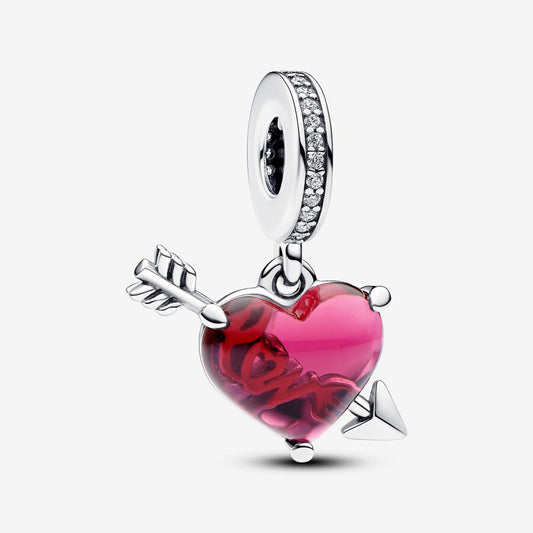 【Moments】Pan Red Heart & Arrow Murano Glass Dangle Charm glass Love pendant 925 silver 793085C01