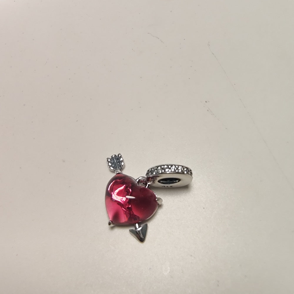 【Moments】Pan Red Heart & Arrow Murano Glass Dangle Charm glass Love pendant 925 silver 793085C01