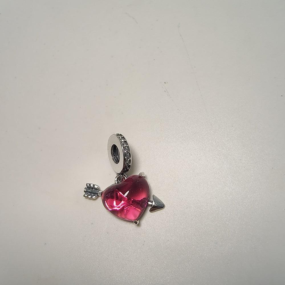 【Moments】Pan Red Heart & Arrow Murano Glass Dangle Charm glass Love pendant 925 silver 793085C01