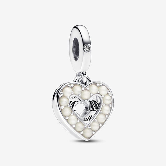 【Moments】 Pearlescent White Heart Double Dangle Charm 792649C01 Family  Friends 925 silver pendant