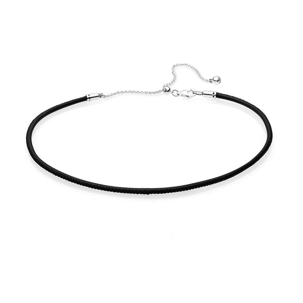 Black Leather Choker Necklace 925 silver adjustable for pan