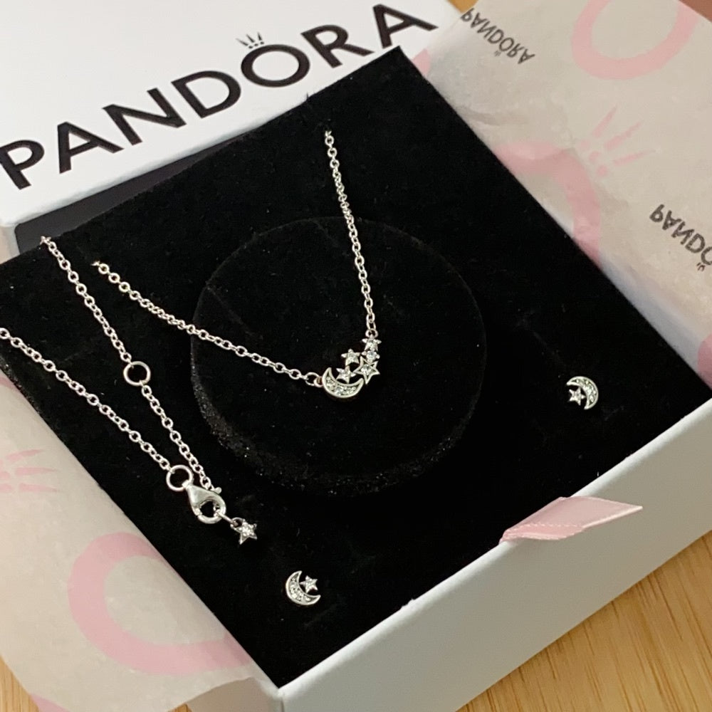 PAN Sparkling Moon & Star Collier Necklace 392991C01 925 silver Sterling silver clavicle chain