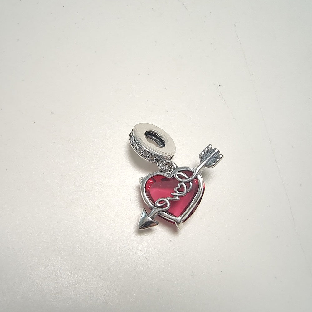 【Moments】Pan Red Heart & Arrow Murano Glass Dangle Charm glass Love pendant 925 silver 793085C01