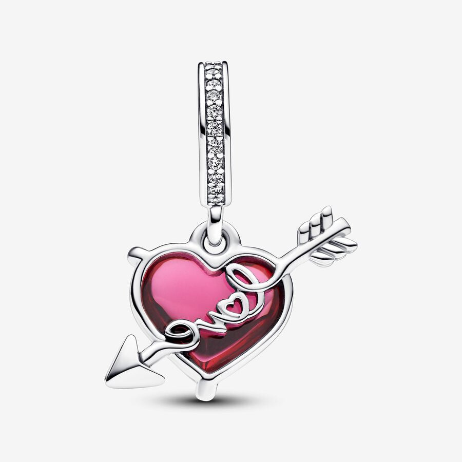 【Moments】Pan Red Heart & Arrow Murano Glass Dangle Charm glass Love pendant 925 silver 793085C01