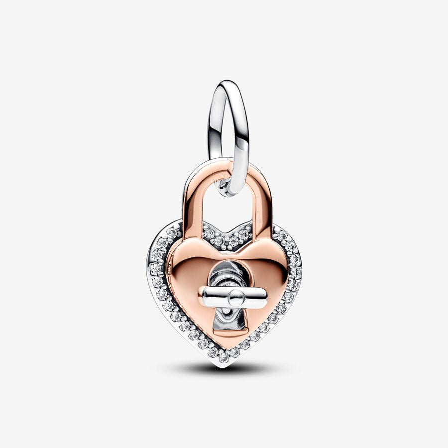 【Moments】Pan Two-tone Twistable Heart Padlock Double Dangle Charm 925 silver Rose gold 783079C01