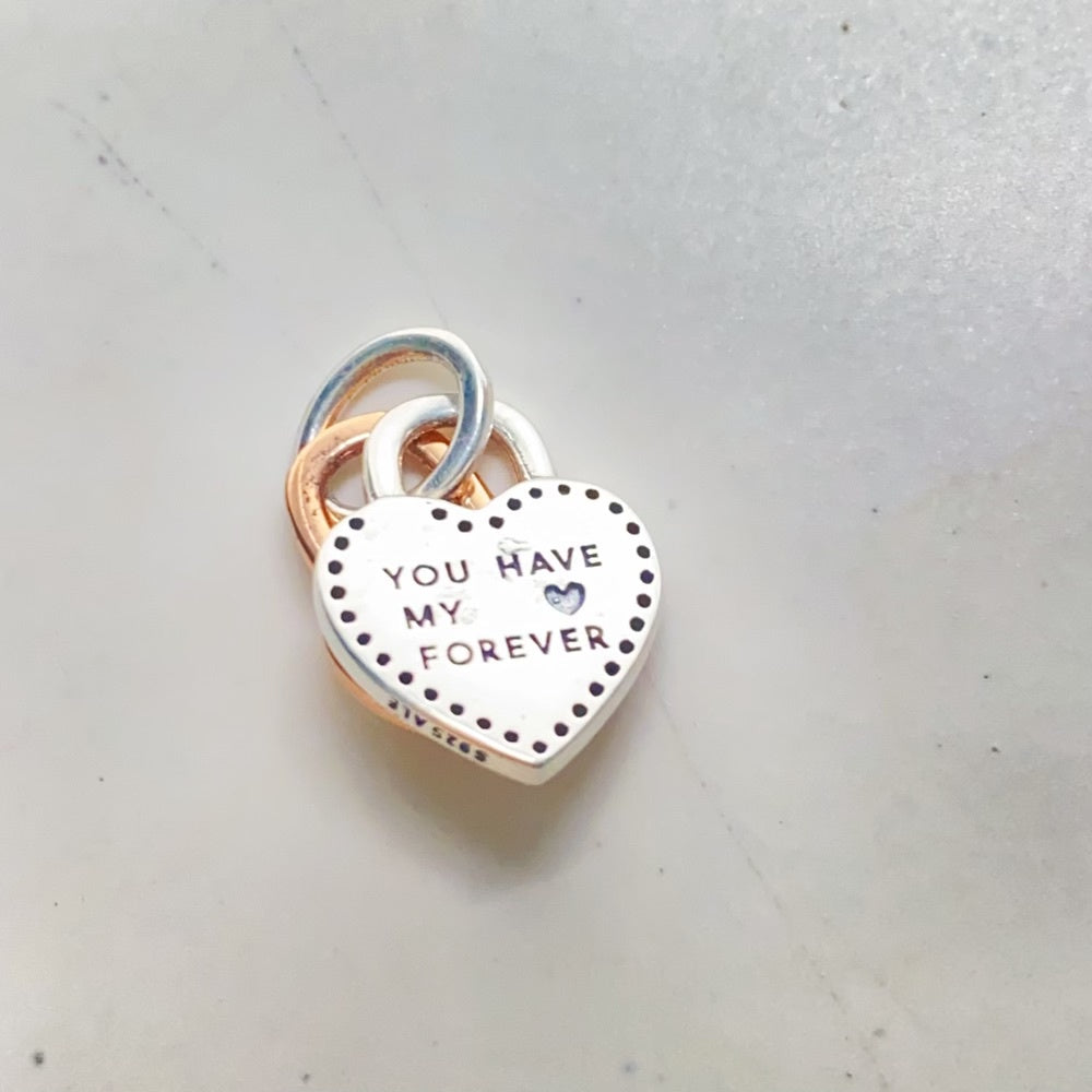 【Moments】Pan Two-tone Twistable Heart Padlock Double Dangle Charm 925 silver Rose gold 783079C01