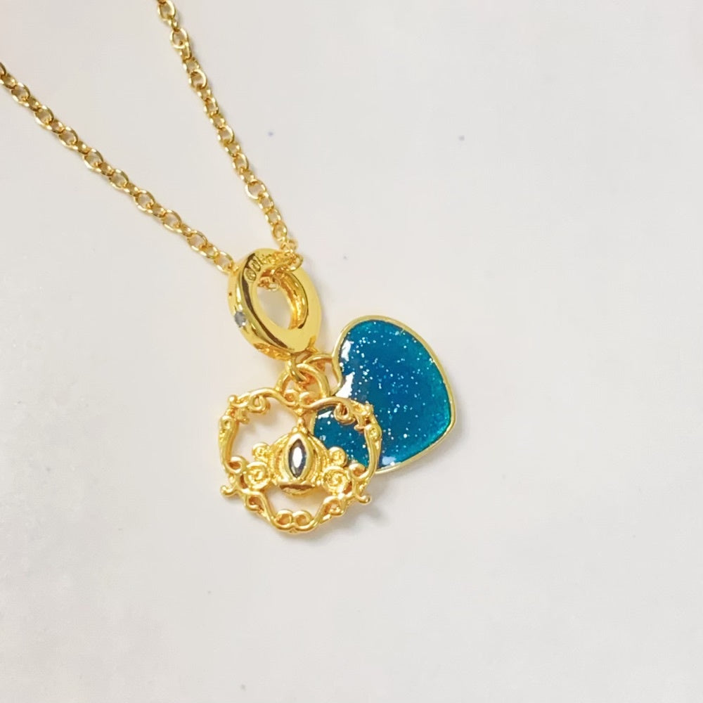 【Moments】Pan Cinderella's Carriage & Heart Double Dangle Charm  763072C01 Princess Blue GOLD pendant