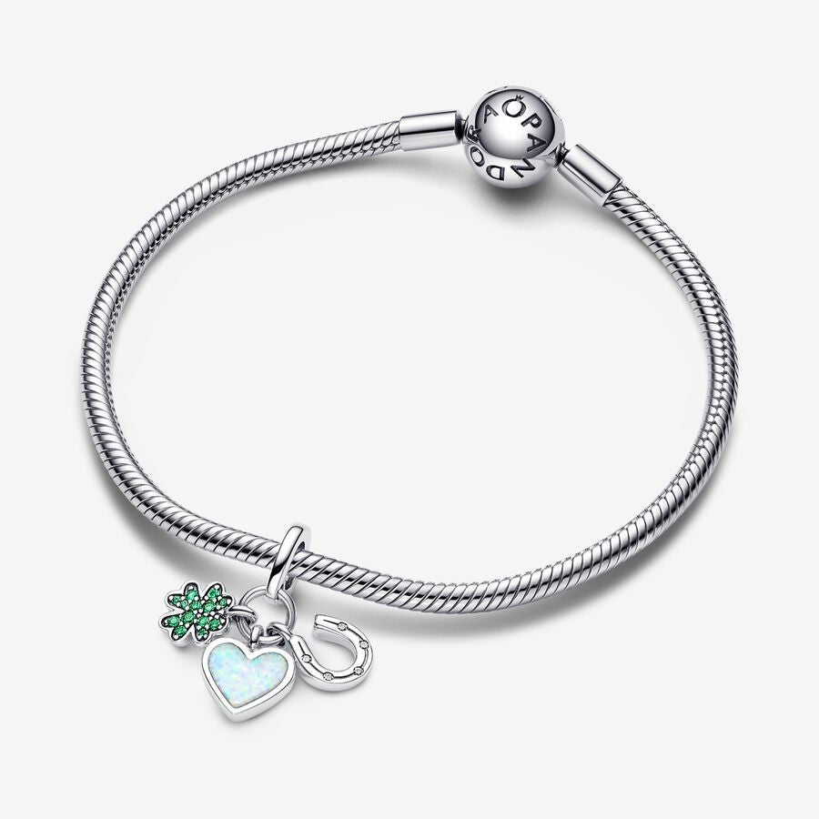 【Moments】Pan Four Leaf Clover, Heart and Horseshoe Triple Dangle Charm 792755C01 Green 925 silver