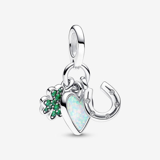 【Moments】Pan Four Leaf Clover, Heart and Horseshoe Triple Dangle Charm 792755C01 Green 925 silver