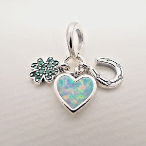 【Moments】Pan Four Leaf Clover, Heart and Horseshoe Triple Dangle Charm 792755C01 Green 925 silver