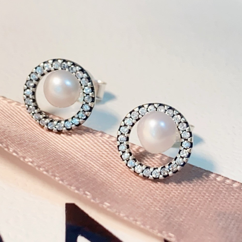 PAN Sparkling Freshwater Cultured Pearl & Pavé Halo Stud Earrings 293154C01 White Hypoallergenic