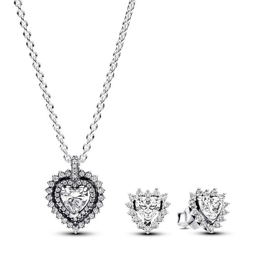 PAN Sparkling Double Heart Halo Jewelry Gift Set B802371 925 silver Earrings necklace for women