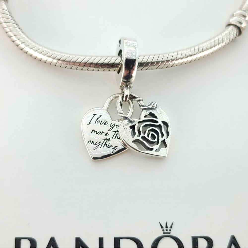 【Moments】Pan rose heart padlock dangle charm 790086C00 hollow rose pendant 925 silver