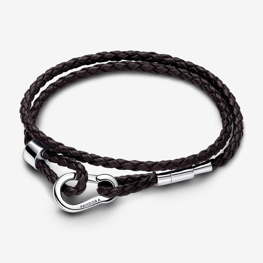 【Moments】 PAN Brown Braided Double Leather Bracelet 925 silver Black 593338C01-D2 for men women