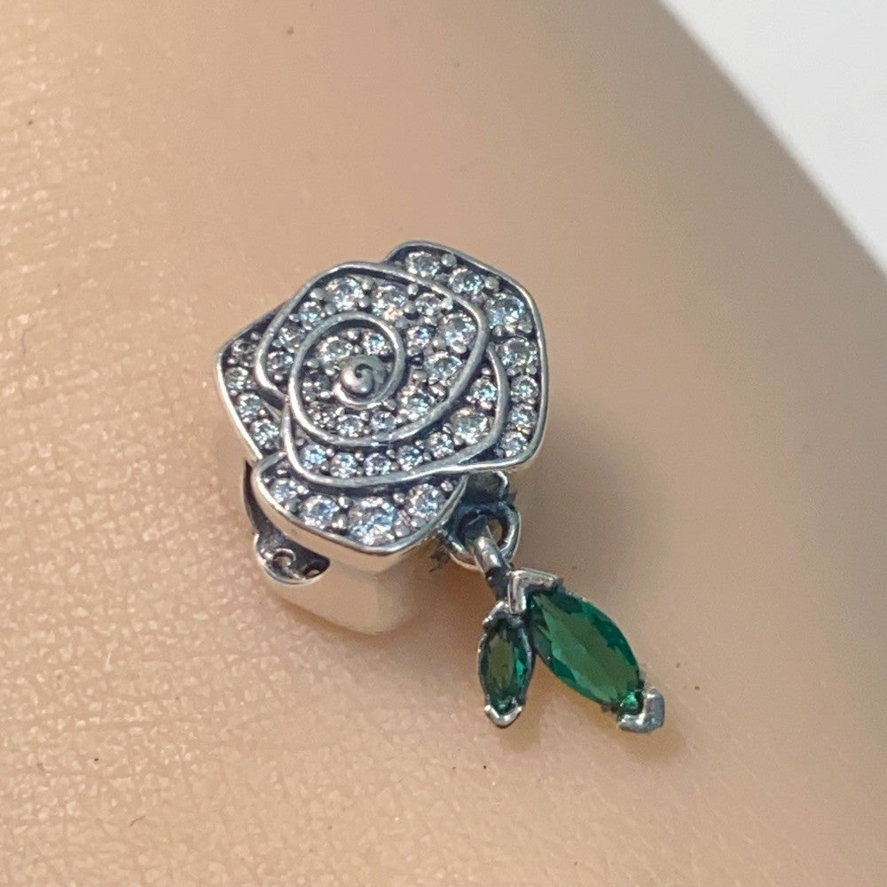 【Moments】Pan Sparkling Rose in Bloom Charm 793201C01 925 silver Sterling silver green