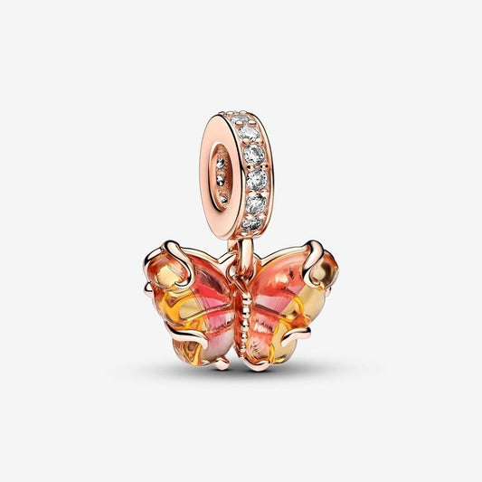 【Moments】Pan Pink & Yellow Murano Glass Butterfly Dangle Charm rose gold animal pendant 782698C01