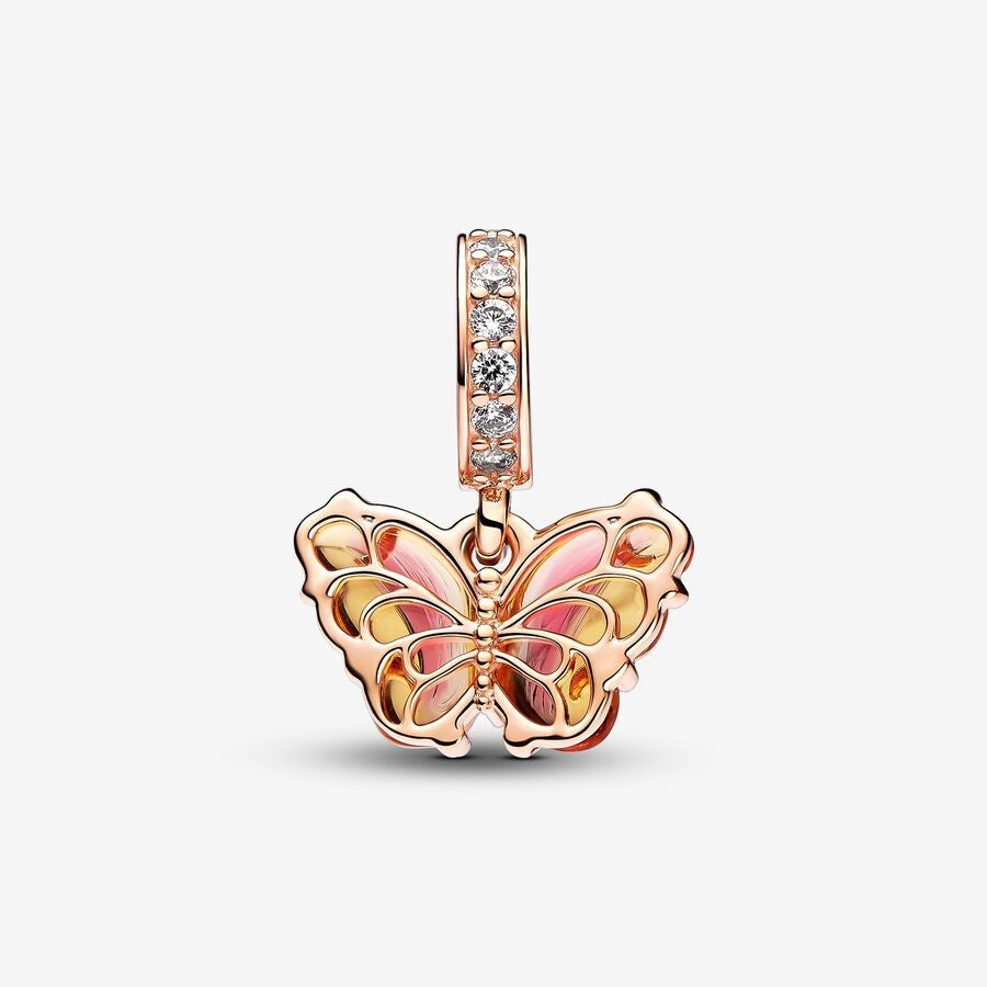 【Moments】Pan Pink & Yellow Murano Glass Butterfly Dangle Charm rose gold animal pendant 782698C01