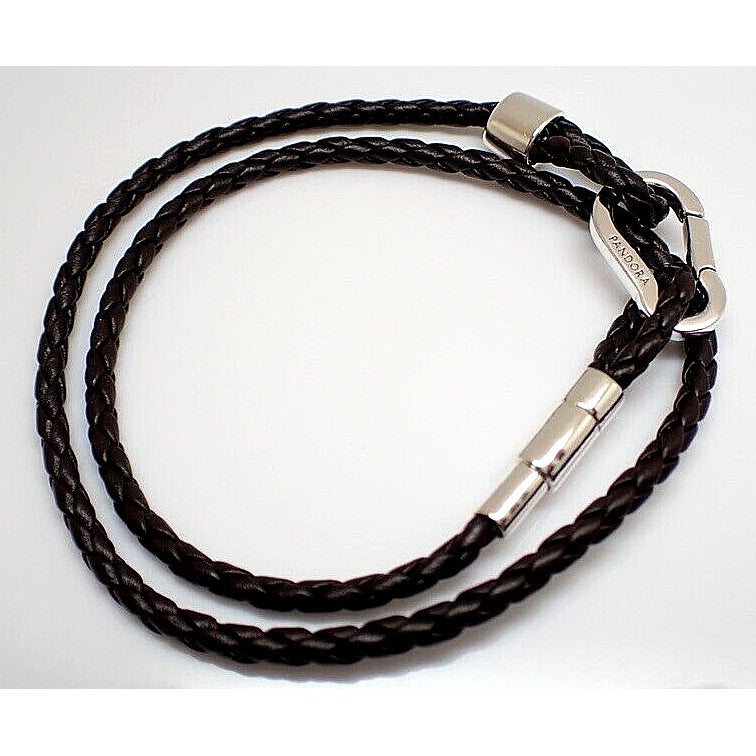 【Moments】 PAN Brown Braided Double Leather Bracelet 925 silver Black 593338C01-D2 for men women