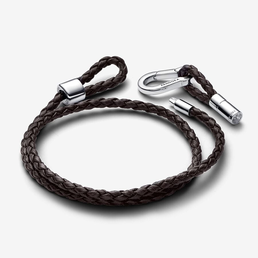 【Moments】 PAN Brown Braided Double Leather Bracelet 925 silver Black 593338C01-D2 for men women