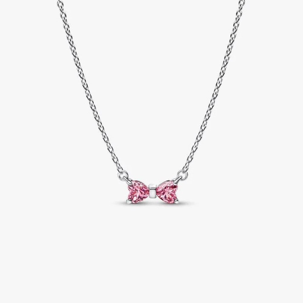 PAN Bow Pendant Necklace PInk  394235C01 Red 925 silver for girl gift Valentine's Day