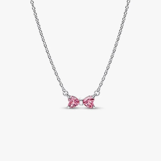 PAN Bow Pendant Necklace PInk  394235C01 Red 925 silver for girl gift Valentine's Day