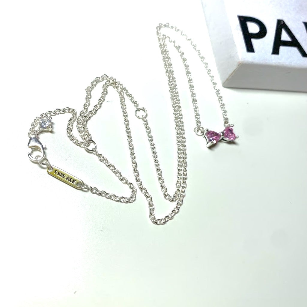 PAN Bow Pendant Necklace PInk  394235C01 Red 925 silver for girl gift Valentine's Day