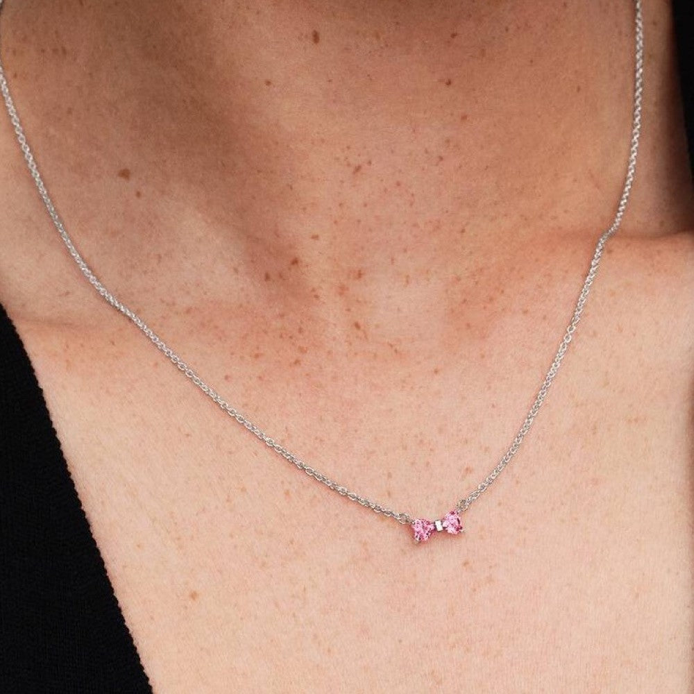 PAN Bow Pendant Necklace PInk  394235C01 Red 925 silver for girl gift Valentine's Day