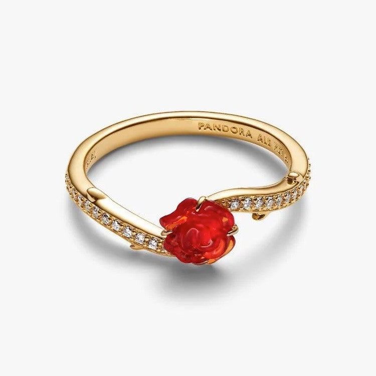 Pan Disney Beauty and the Beast Enchanted Rose Ring 163984C01 Gold cartoon fairy princess red rose