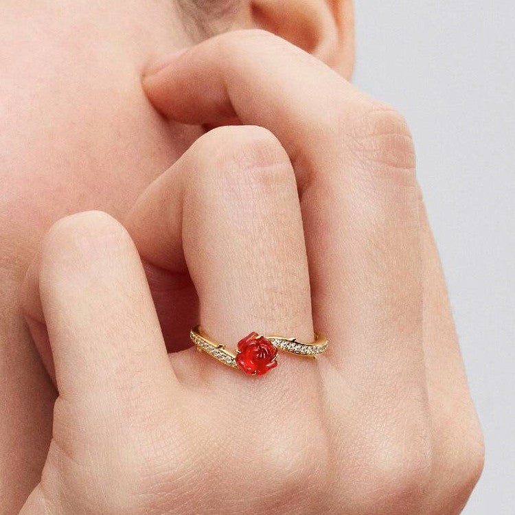 Pan Disney Beauty and the Beast Enchanted Rose Ring 163984C01 Gold cartoon fairy princess red rose