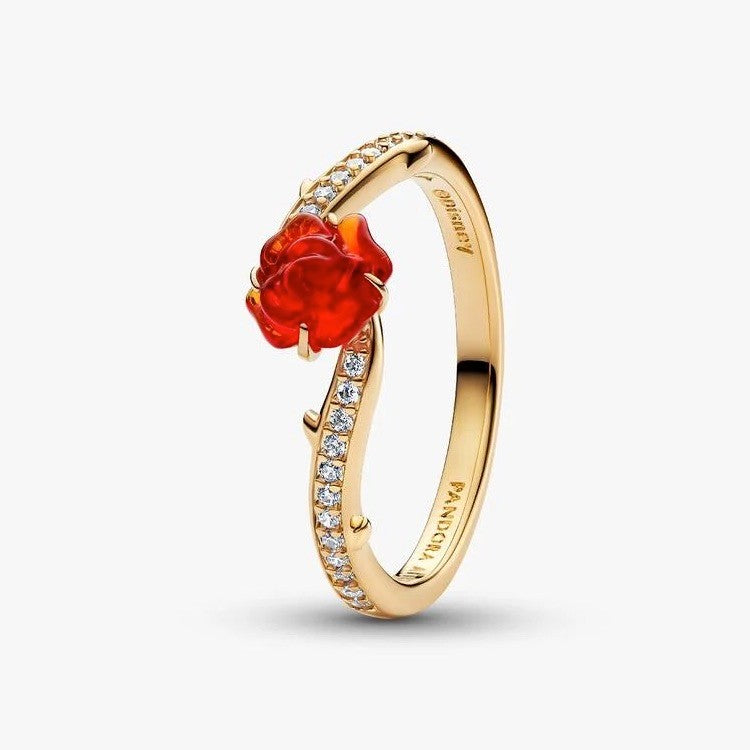 Pan Disney Beauty and the Beast Enchanted Rose Ring 163984C01 Gold cartoon fairy princess red rose