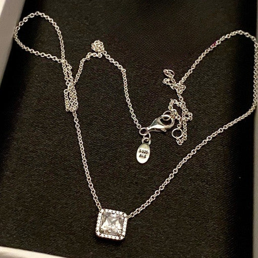 Square Sparkle Halo Necklace Classic Square Halo 396241CZ Pure Silver Sparkling Jewelry 925 silver
