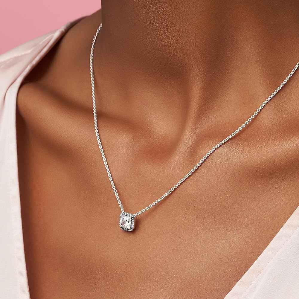 Square Sparkle Halo Necklace Classic Square Halo 396241CZ Pure Silver Sparkling Jewelry 925 silver