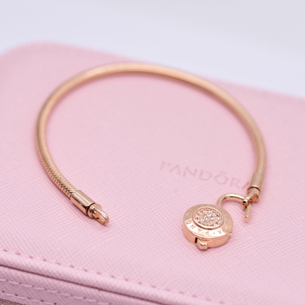 PAN MOMENTS SMOOTH BRACELET WITH PAN SIGNATURE PAD LOCK 925 silver women Rose Gold 587757CZ 597092CZ  567757CZ