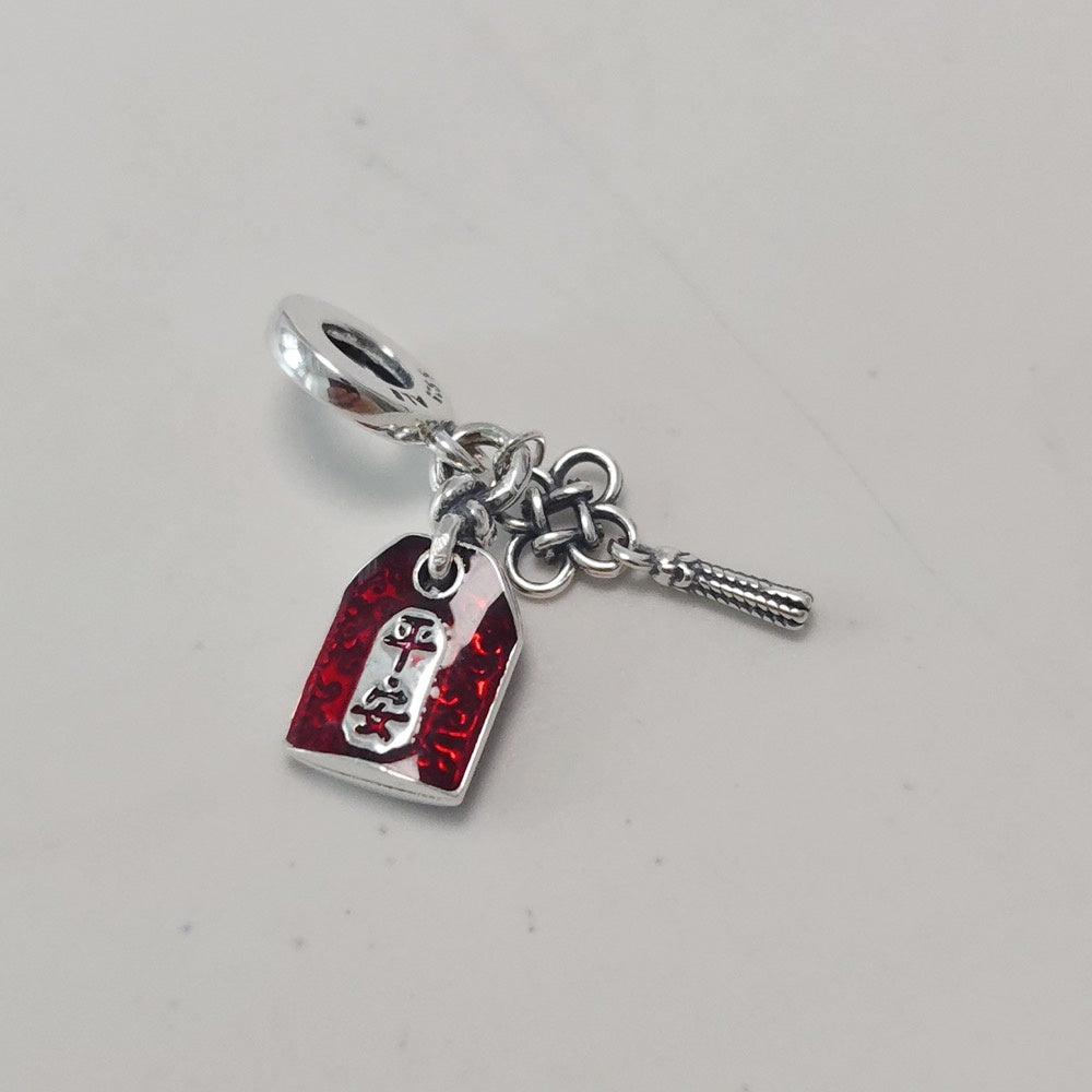 【Moments】Pan Lucky Amulet Double Dangle Charm 793054C01 925 silver Red Chinese knot dragon pattern